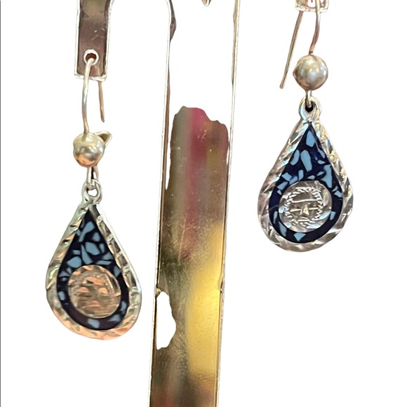 Vintage Sterling Mexico stone inlay Mayan Symbol Fancy dangle earrings - Picture 3 of 4